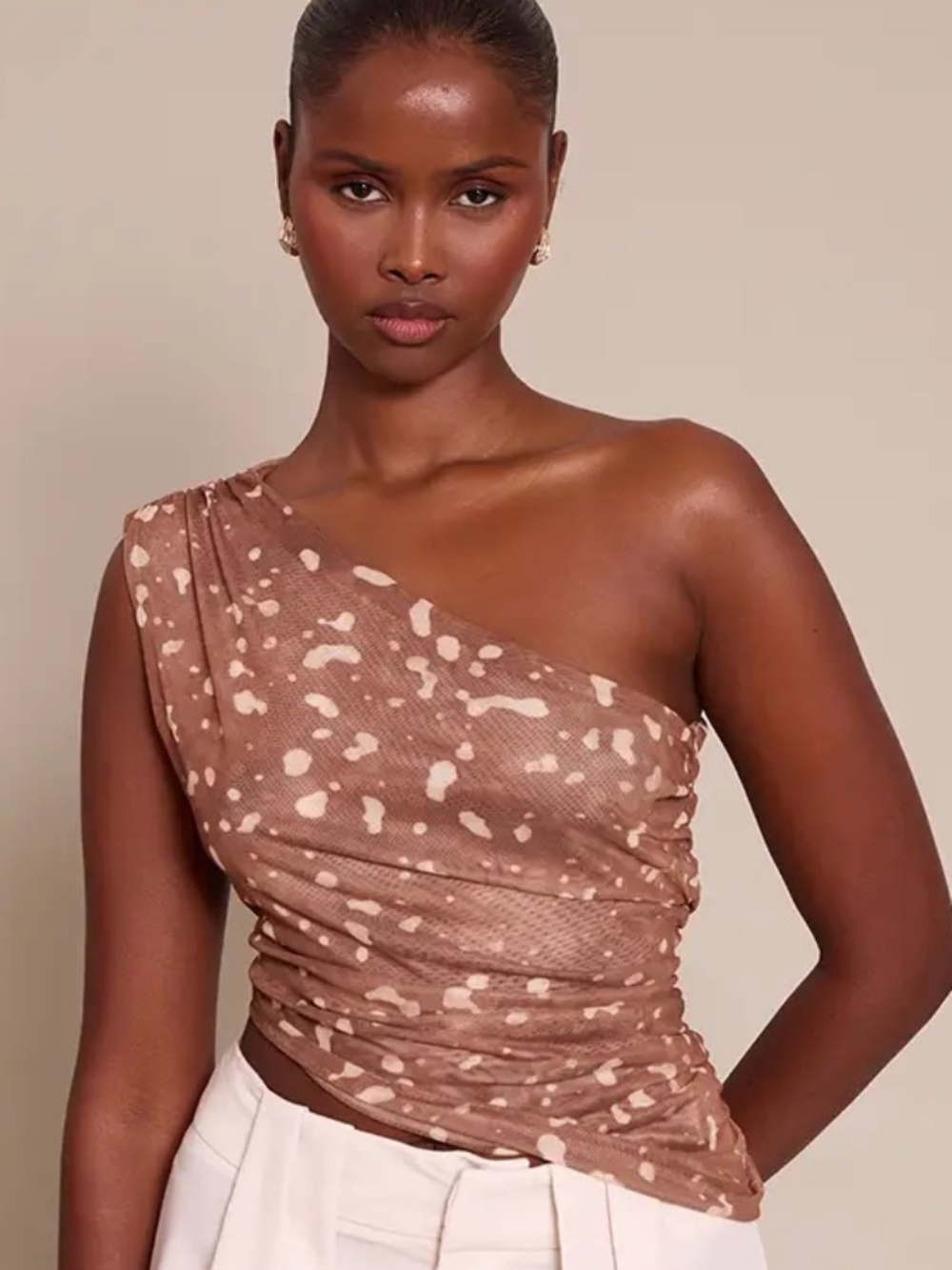 Pretty Little Things Animal Print Mesh Asymmetric One Shoulder Top - Brown